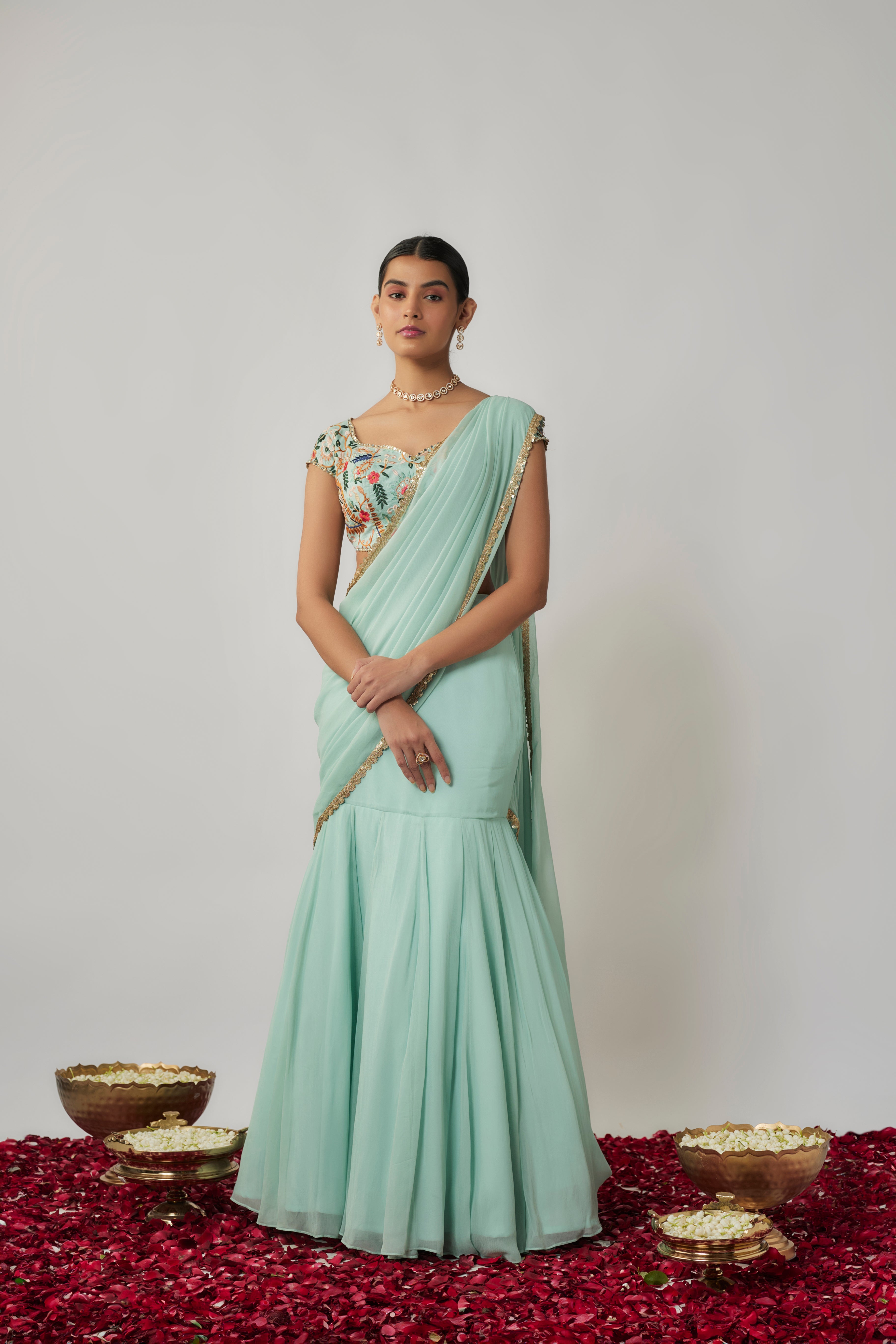 Mint and multicoloured thread embroidered pre-stitched georgette lehenga saree set
