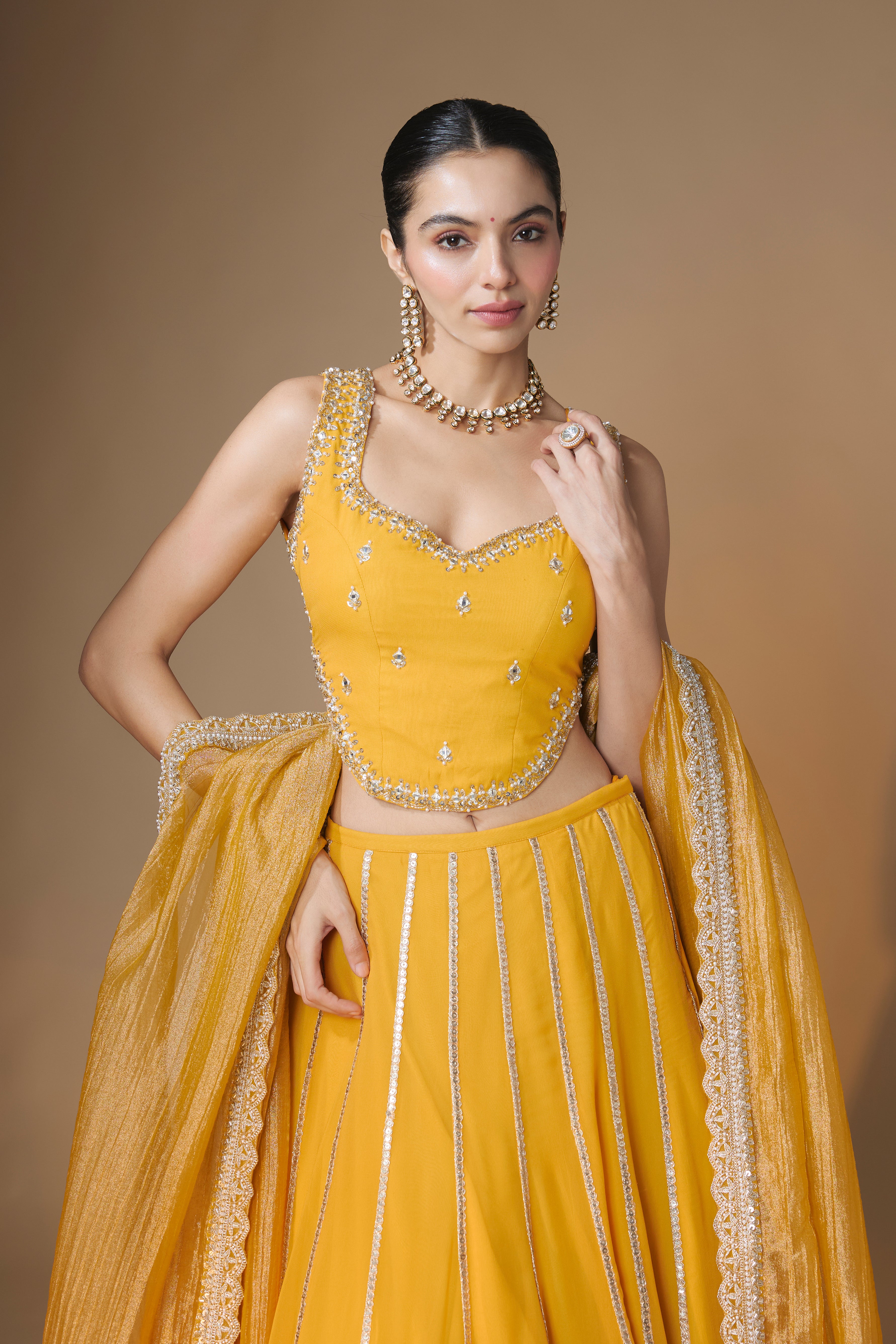 Sunset yellow embroidered corset lehenga set