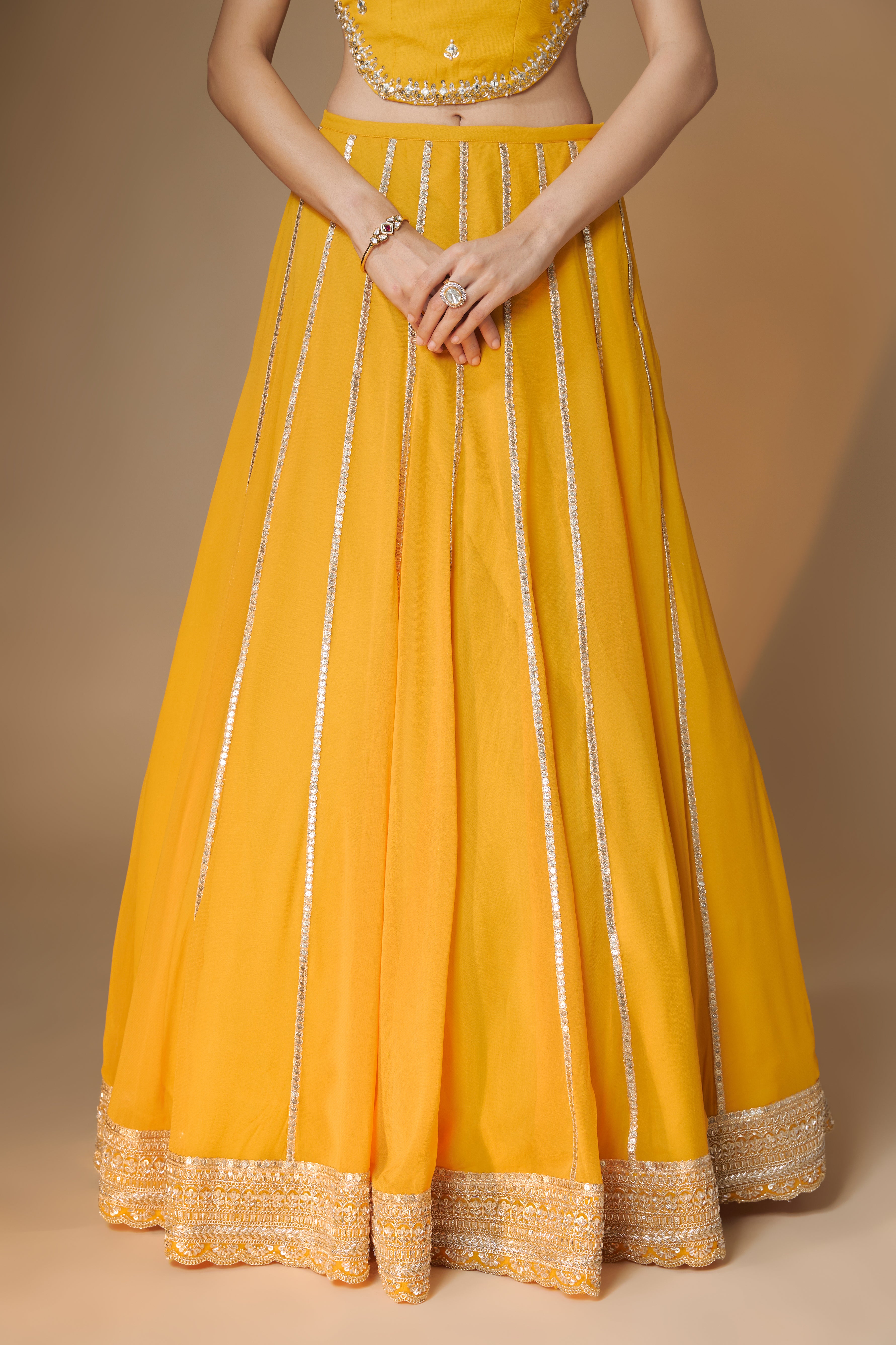 Sunset yellow embroidered corset lehenga set