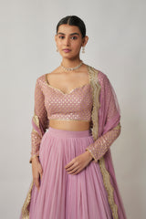 Mauve sequin & thread embroidered net lehenga set