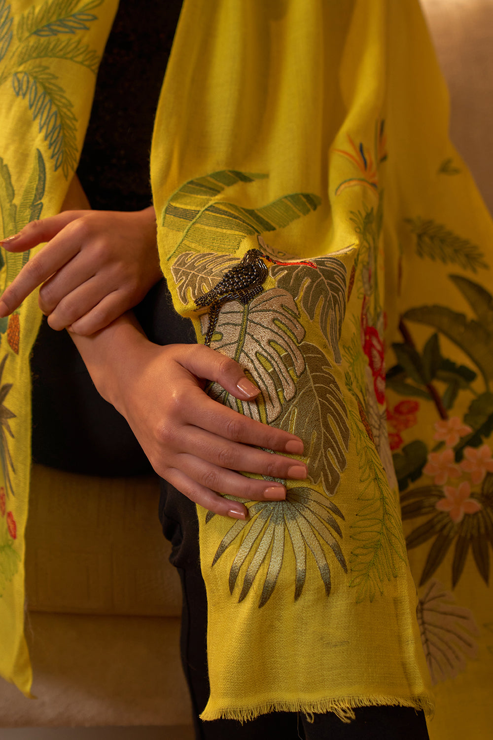 A Toucan's Day | Embroidered Fine Merino Wool Stole