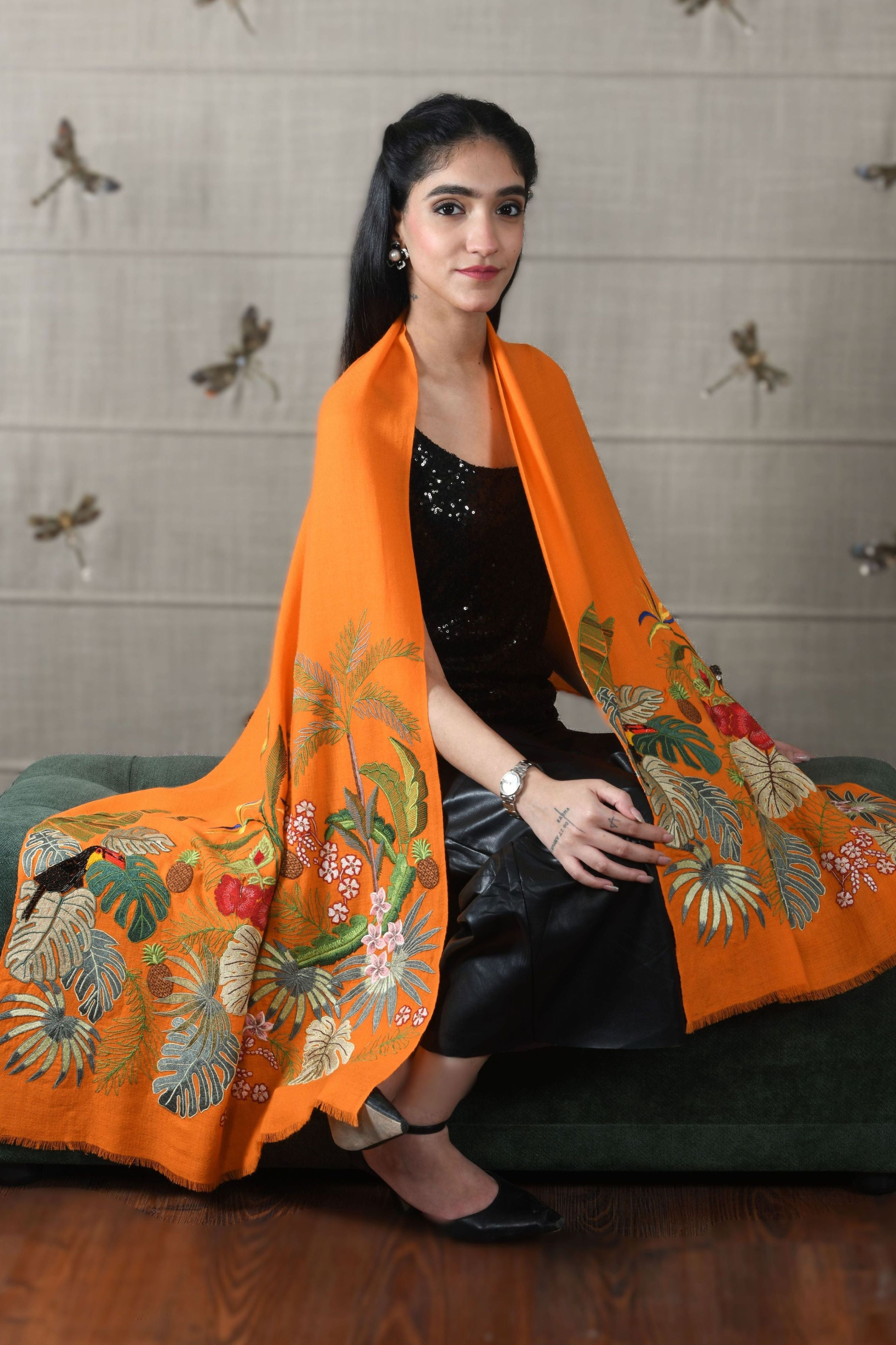 A Toucan's Day | Embroidered Fine Merino Wool Stole