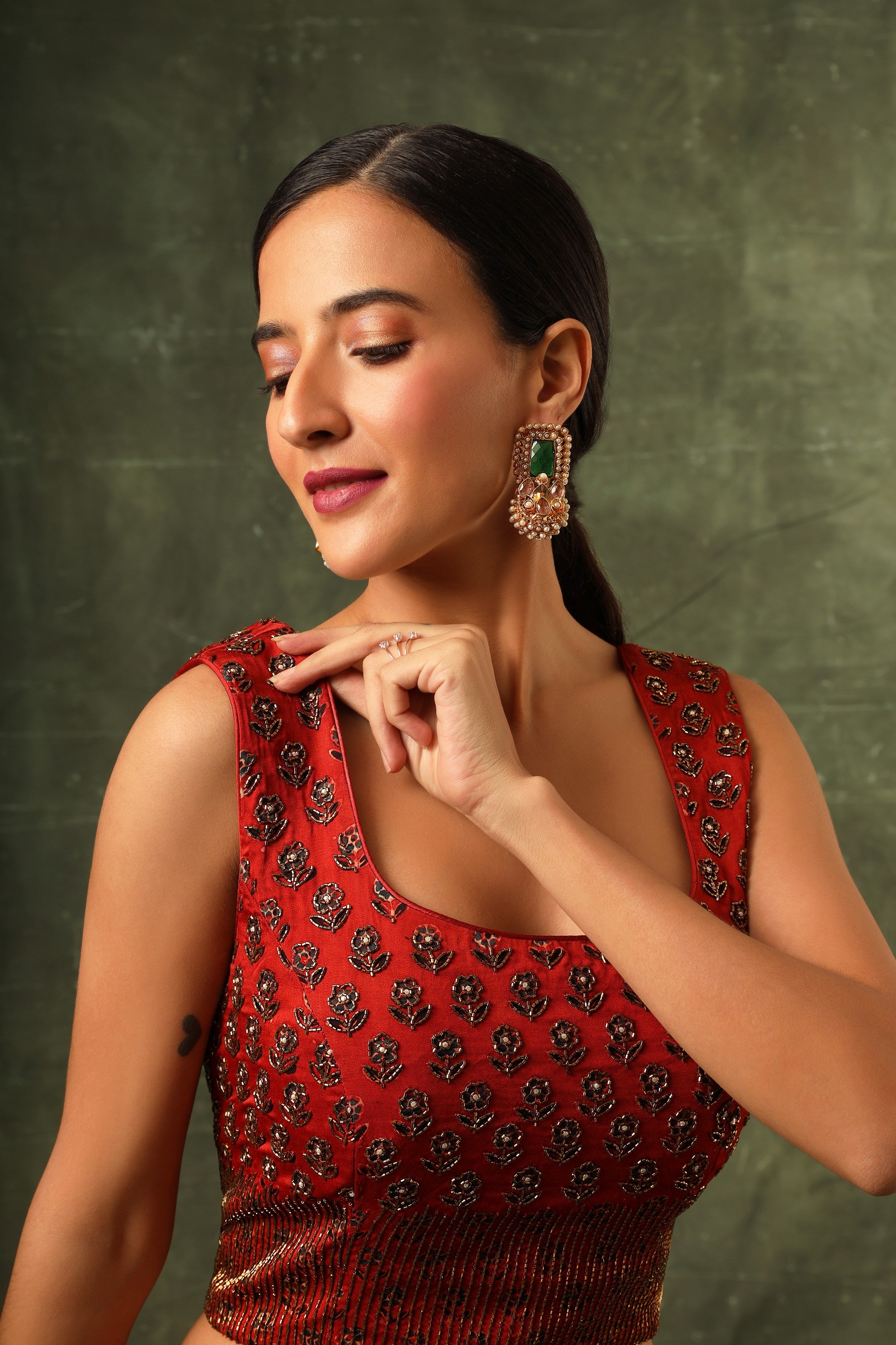 Red Ajrakh blouse and double layered flare pants with cape dupatta