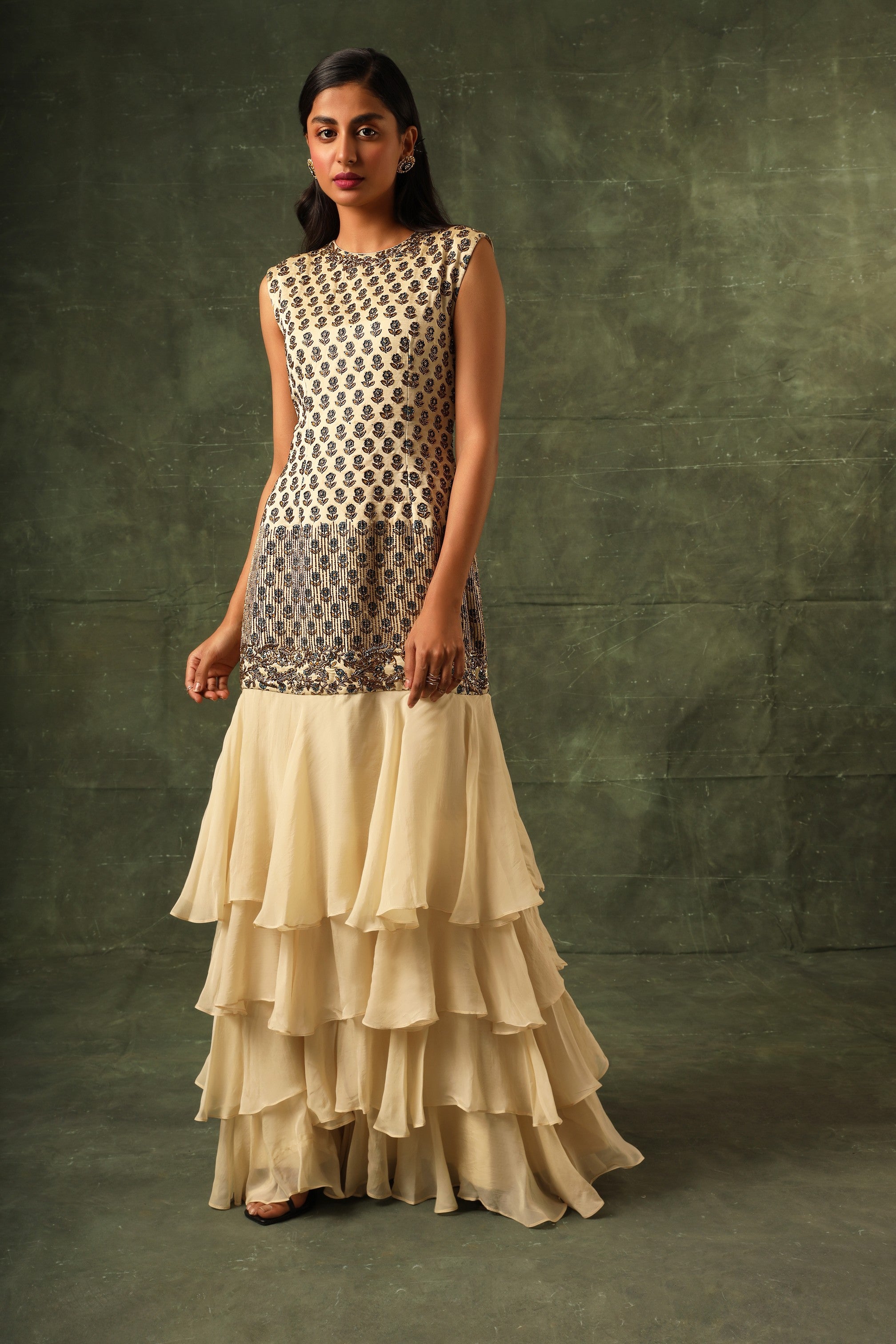 beige Four tiered ruffle dress