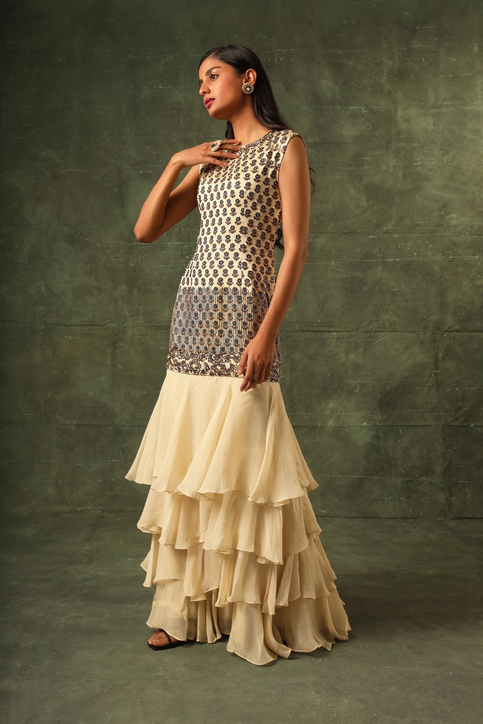 beige Four tiered ruffle dress