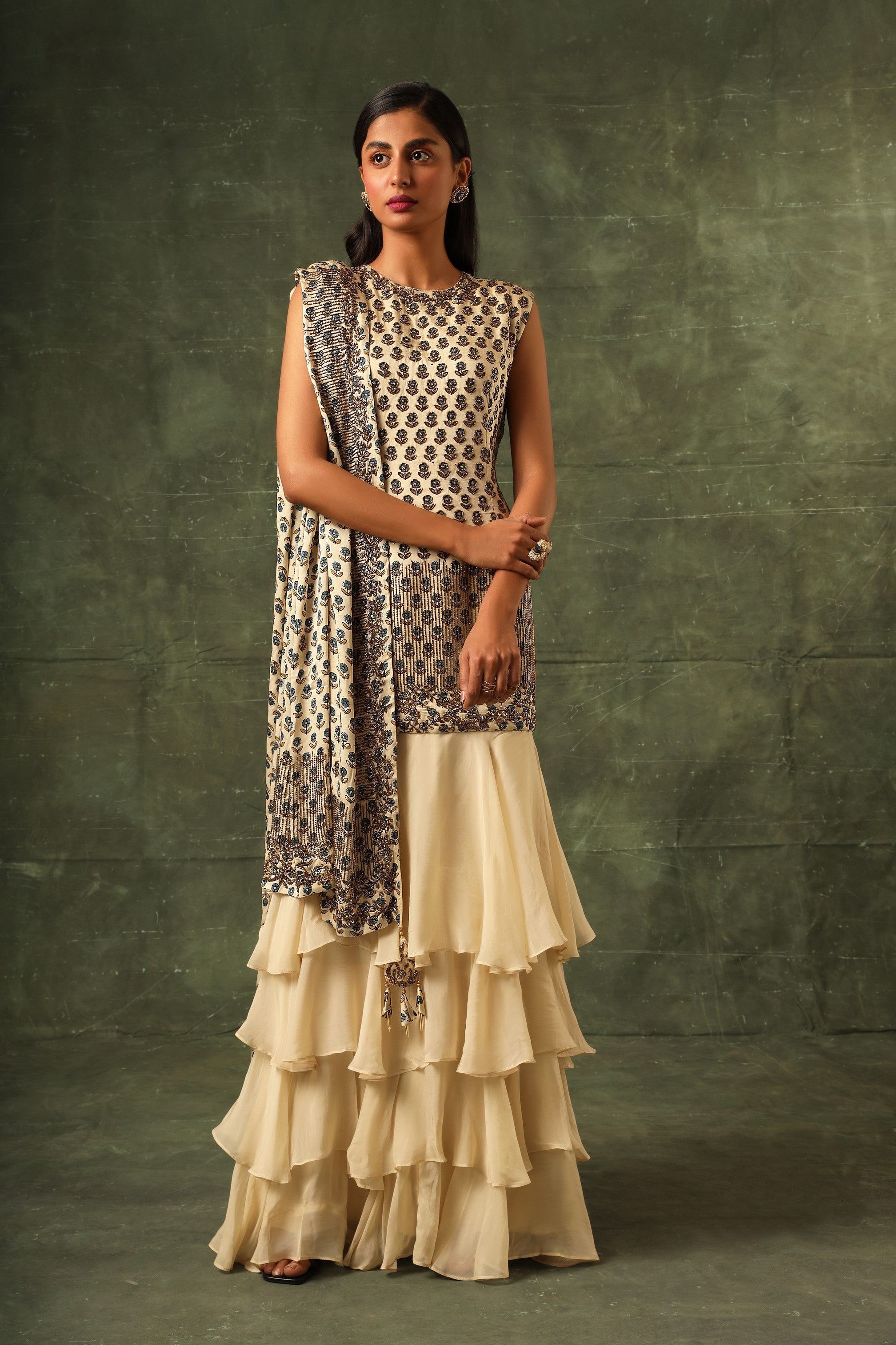 beige Four tiered ruffle dress