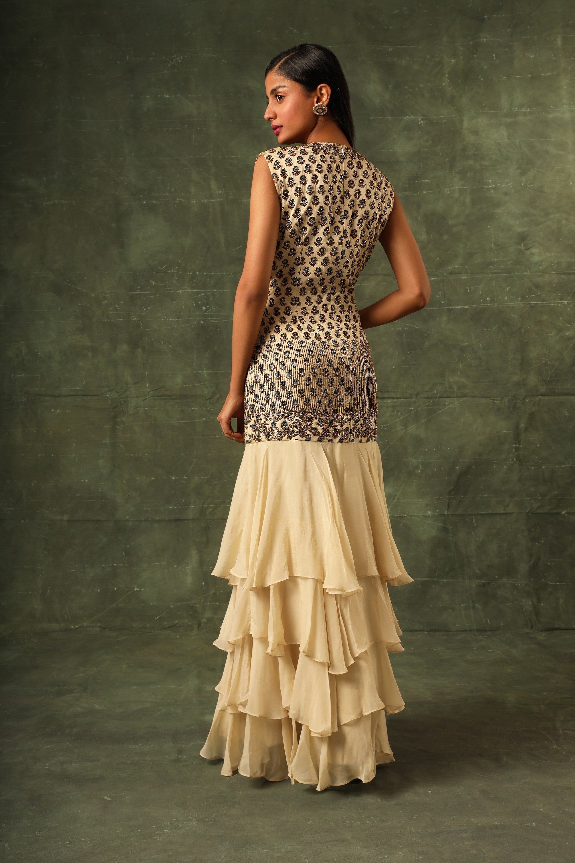 beige Four tiered ruffle dress