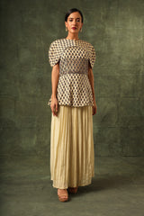 beige Ajrakh Peplum top with pleated pants