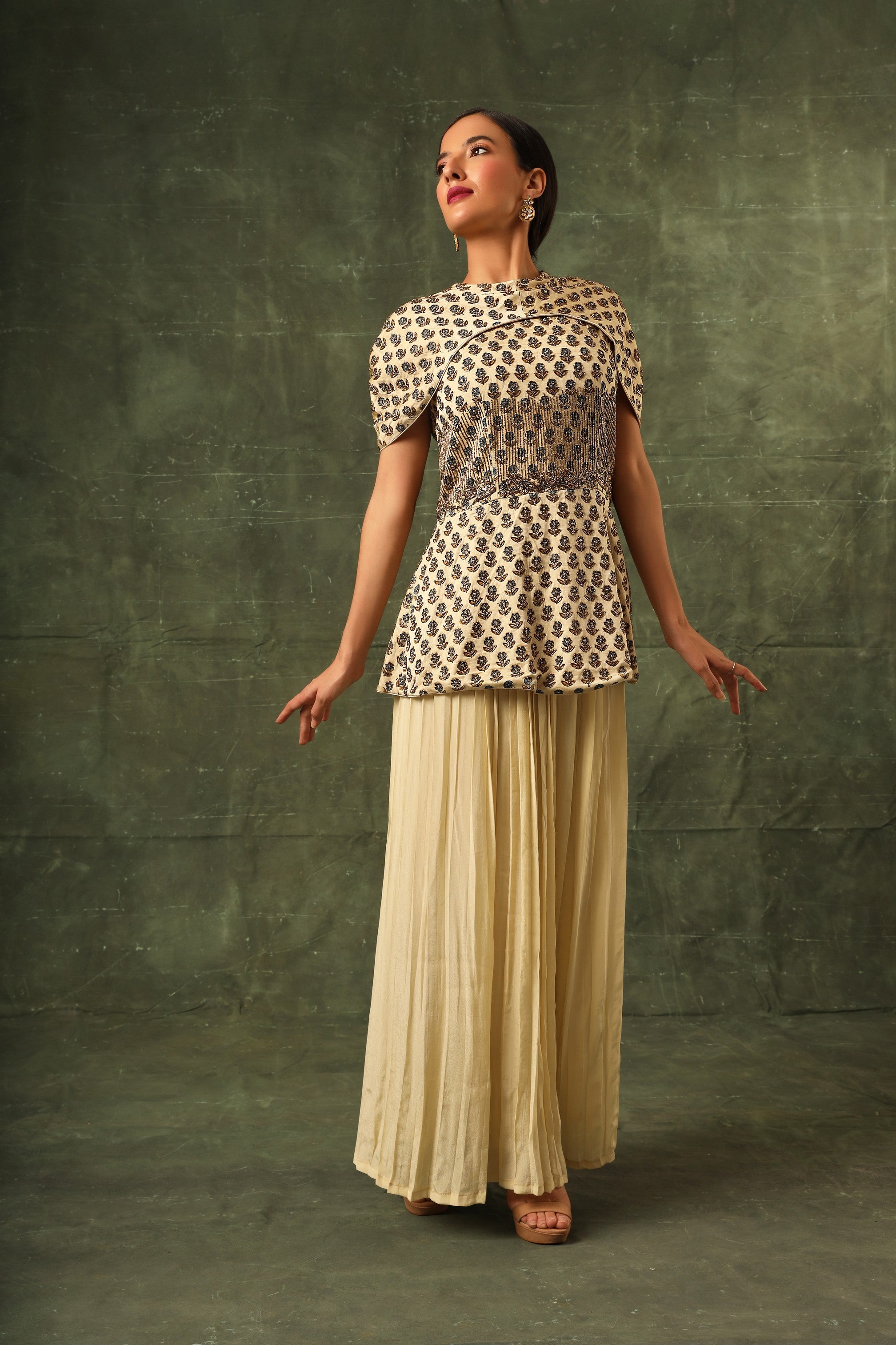 beige Ajrakh Peplum top with pleated pants