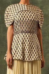 beige Ajrakh Peplum top with pleated pants
