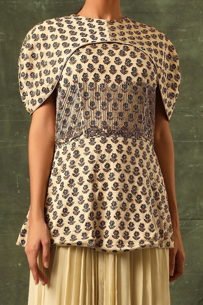 beige Ajrakh Peplum top with pleated pants