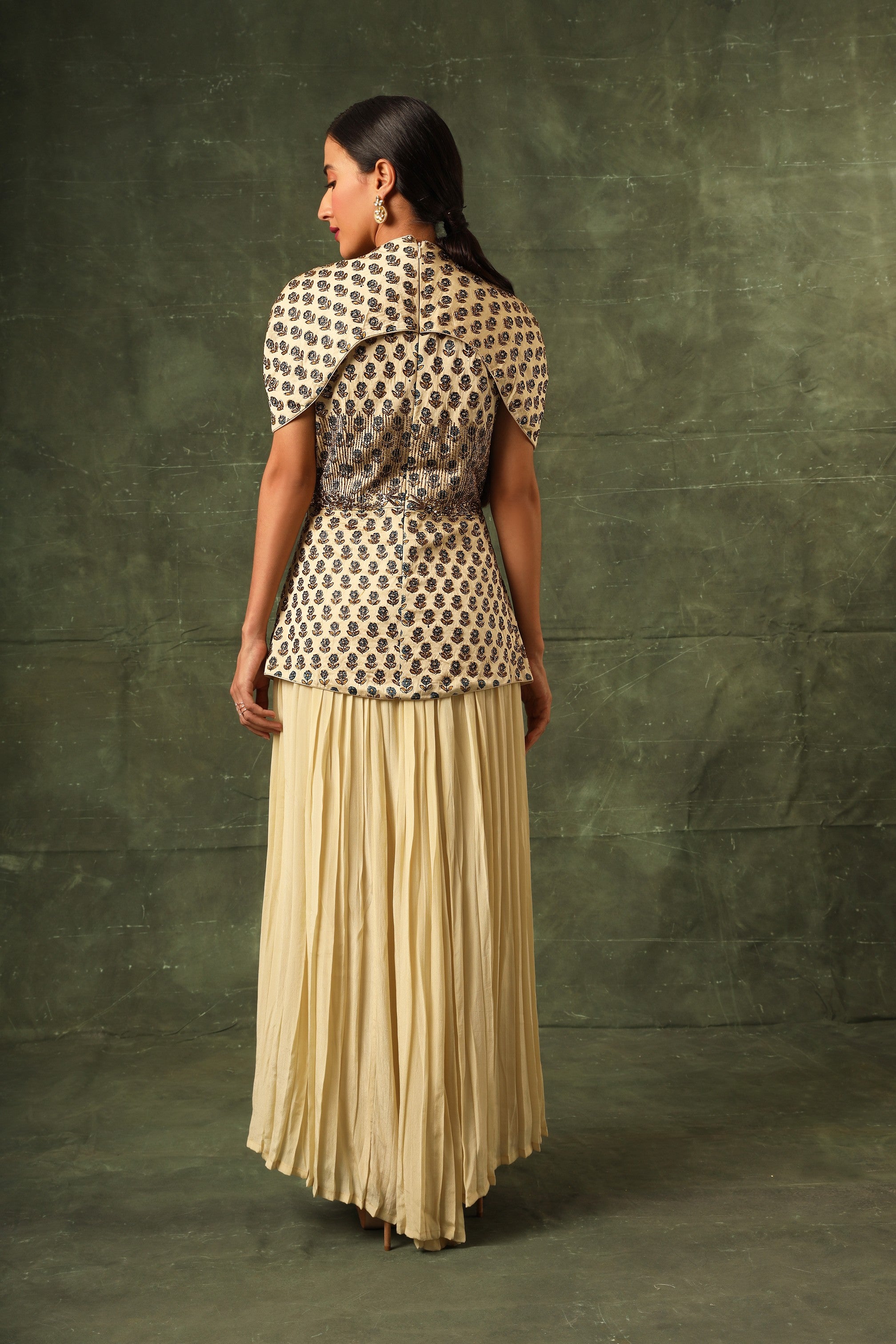 beige Ajrakh Peplum top with pleated pants