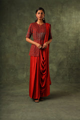 Red embellished ajrakh gown saree