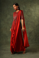Red embellished ajrakh gown saree