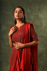 Red embellished ajrakh gown saree
