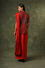 Red embellished ajrakh gown saree