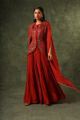 Red Ajrakh jacket with gathered skirt and cape dupatta