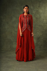 Red Ajrakh jacket with gathered skirt and cape dupatta