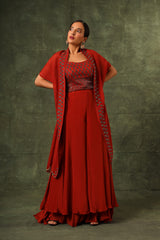 Red Ajrakh blouse and double layered flare pants with cape dupatta