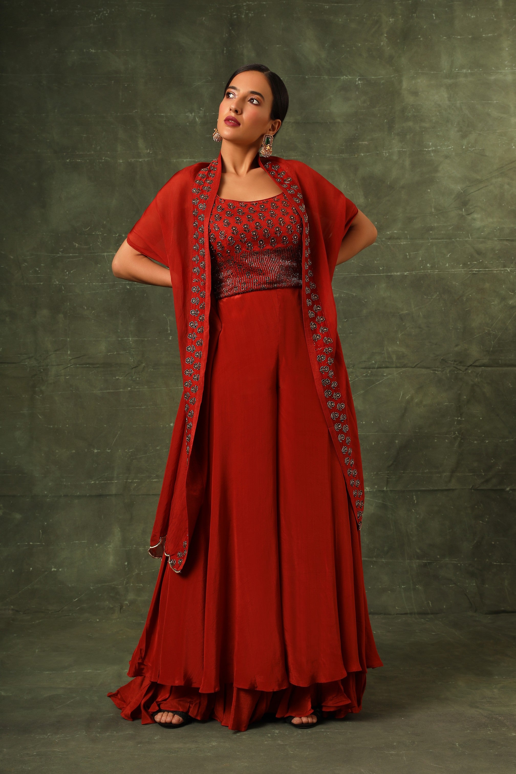 Red Ajrakh blouse and double layered flare pants with cape dupatta