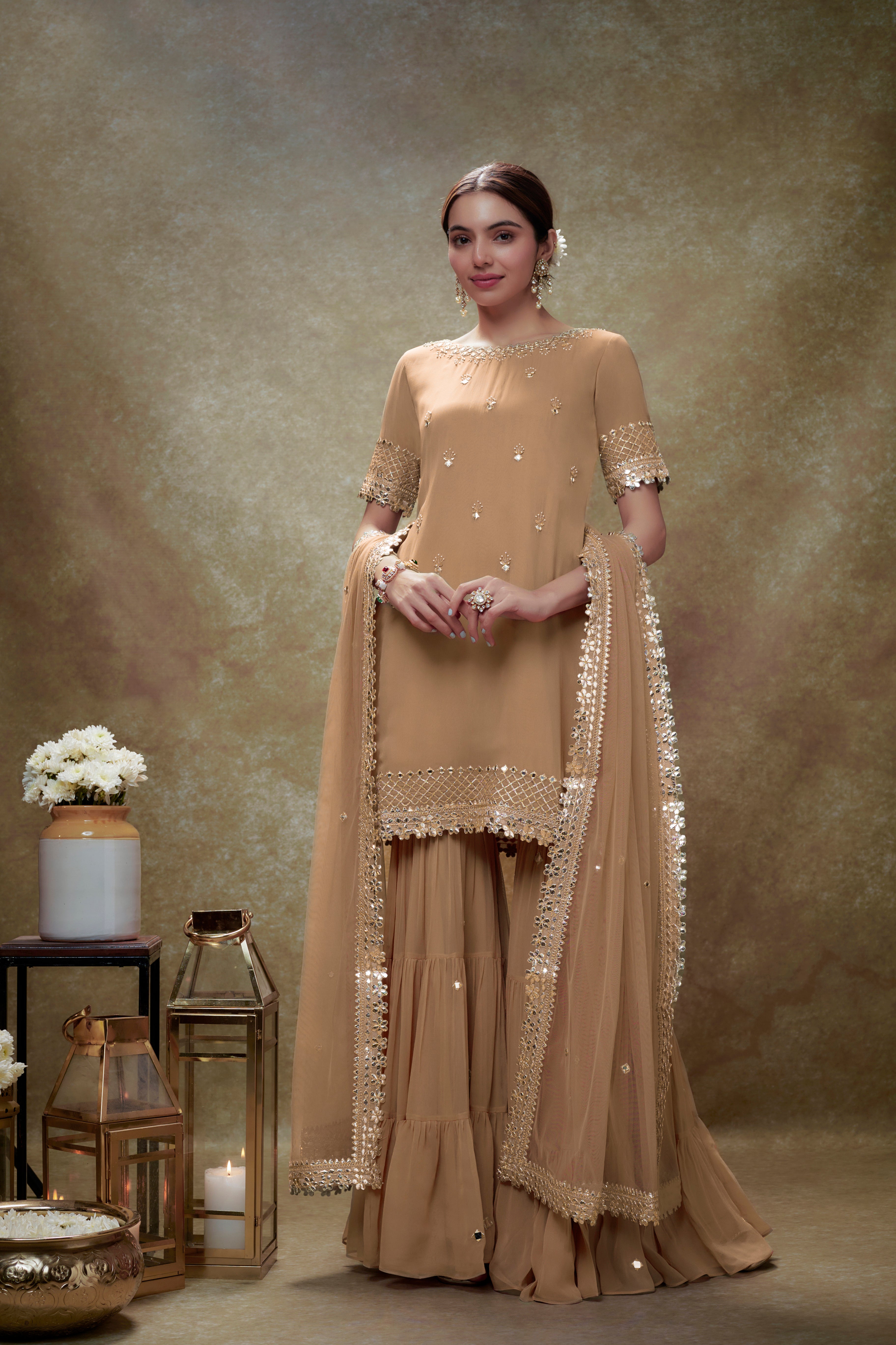 Fawn mirror work gota  kurta sharara set