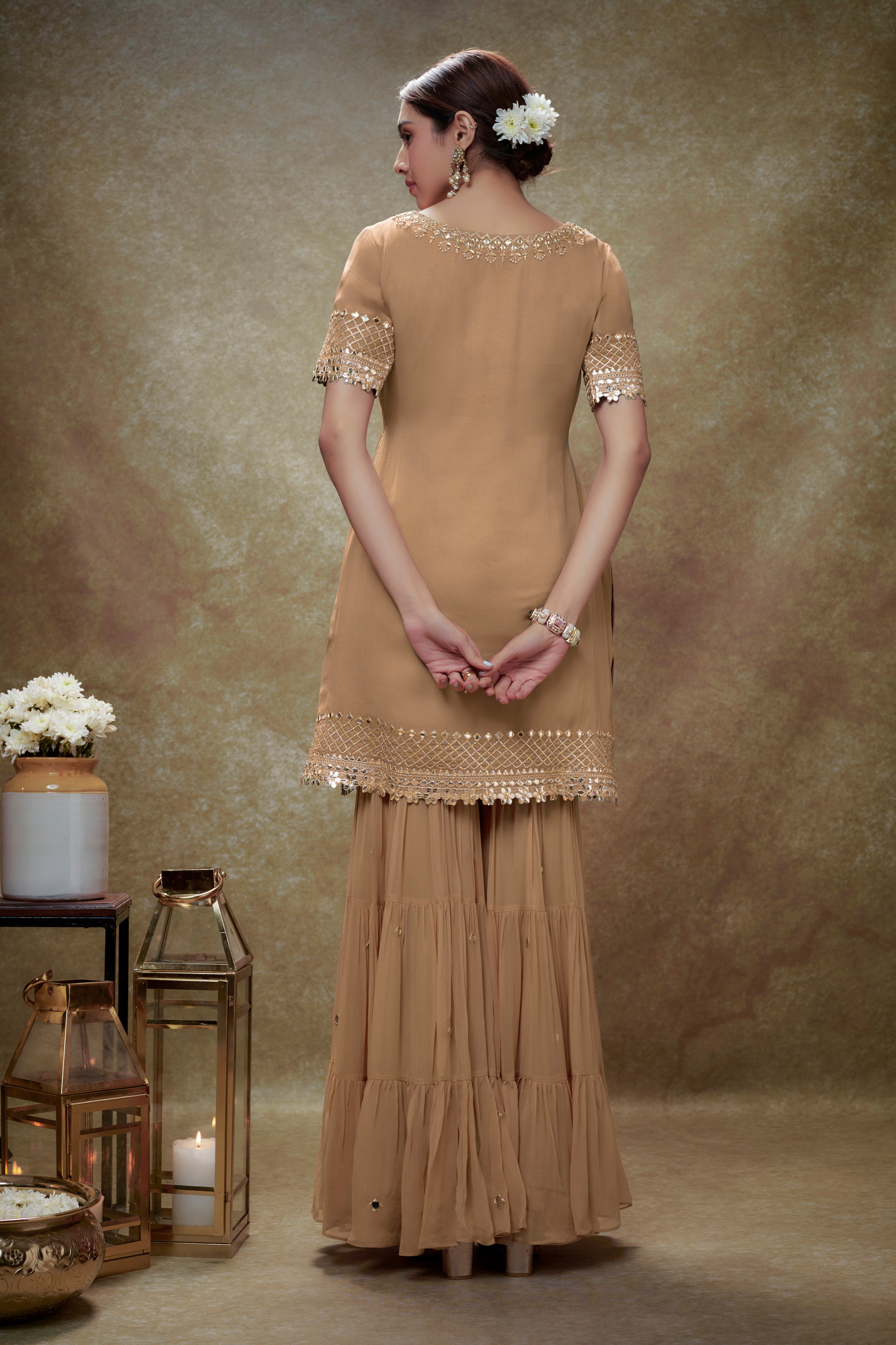 Fawn mirror work gota  kurta sharara set
