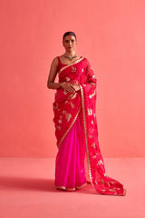 Red and Pink hand embrodiered saree with Mashru Silk Blouse