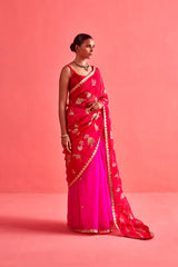 Red and Pink hand embrodiered saree with Mashru Silk Blouse