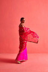 Red and Pink hand embrodiered saree with Mashru Silk Blouse