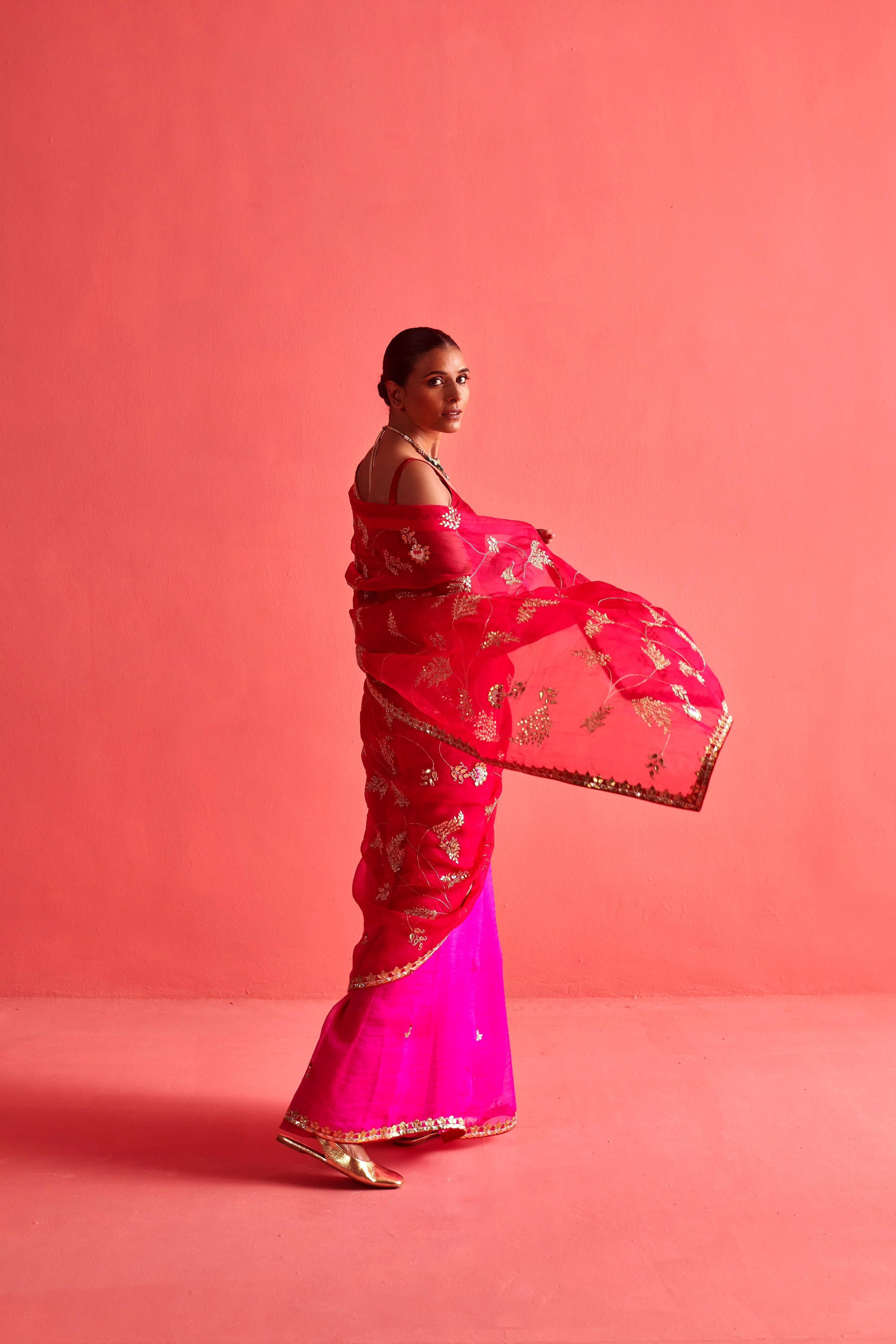 Red and Pink hand embrodiered saree with Mashru Silk Blouse