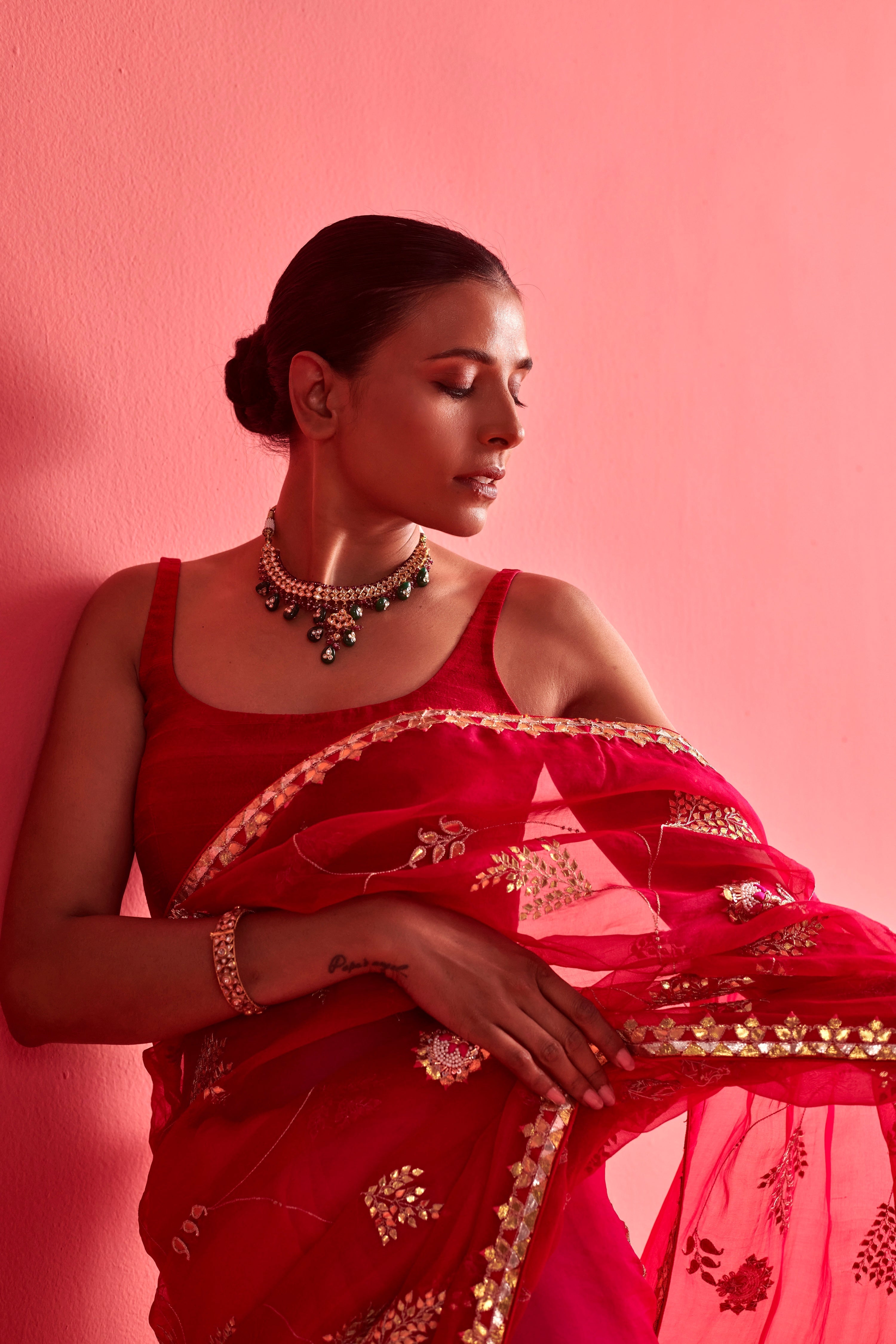 Red and Pink hand embrodiered saree with Mashru Silk Blouse