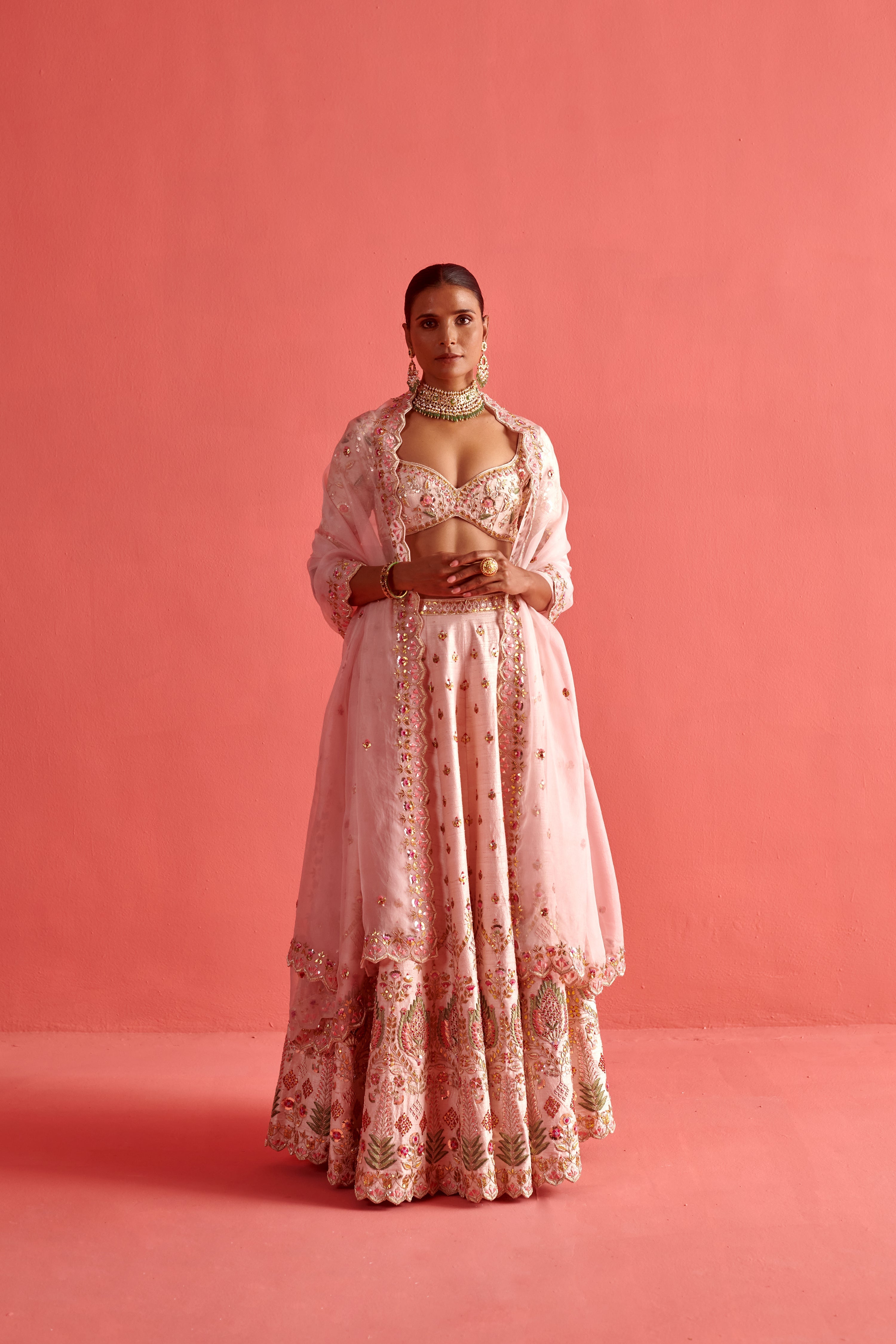 Powdered pink lehenga set with Organsa Dupatta