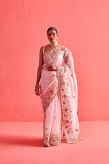 Powdered Pink hand embrodiered saree with Mashru silk blouse