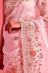 Powdered Pink hand embrodiered saree with Mashru silk blouse