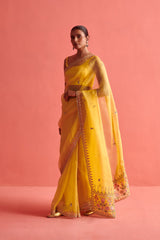 Yellow hand embrodiered saree with Mashru silk blouse
