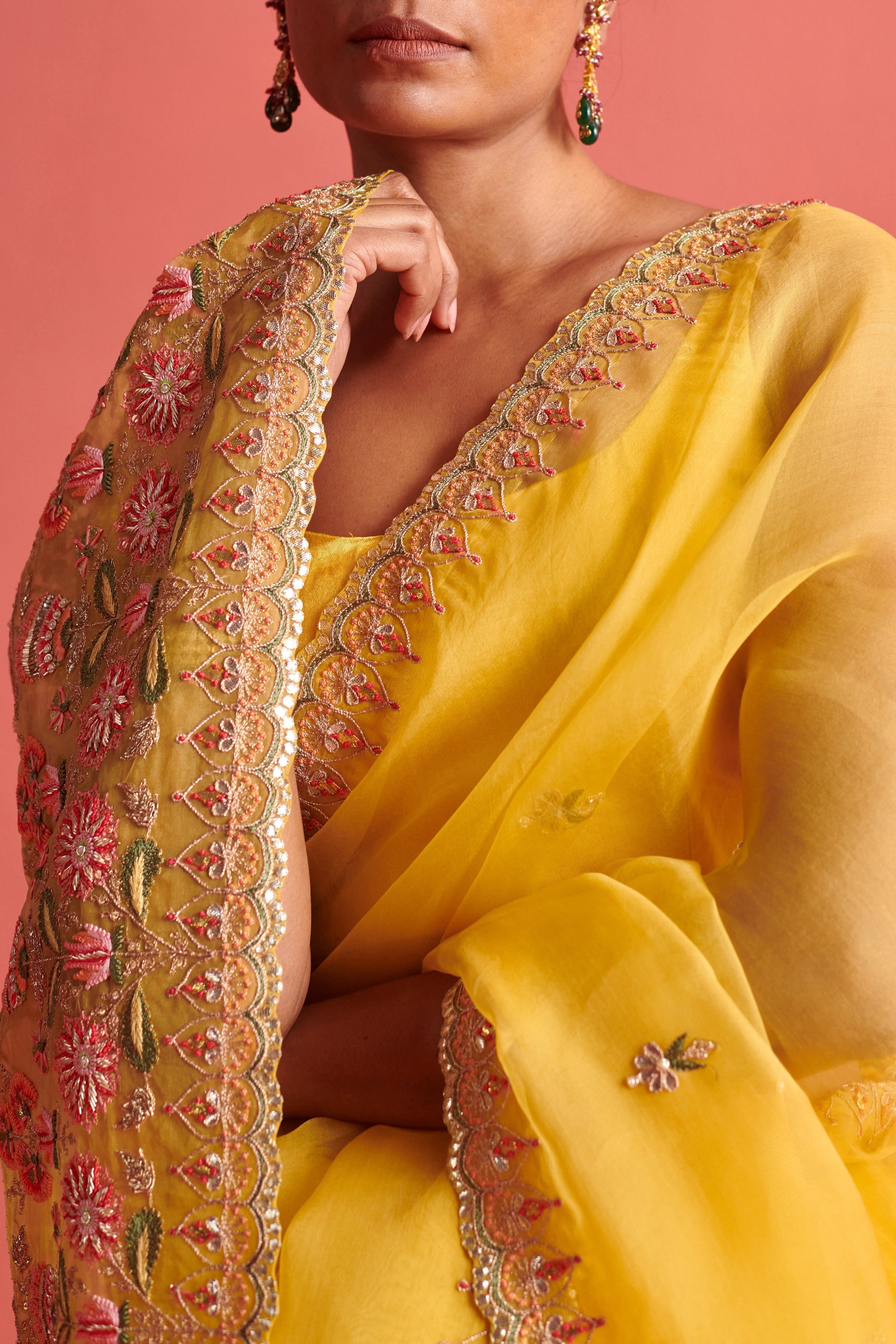Yellow hand embrodiered saree with Mashru silk blouse