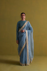 Marine Blue hand embrodiered saree with raw silk blouse