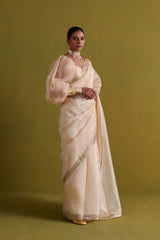 Beige hand embrodiered saree with raw silk blouse