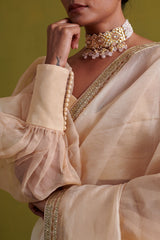 Beige hand embrodiered saree with raw silk blouse
