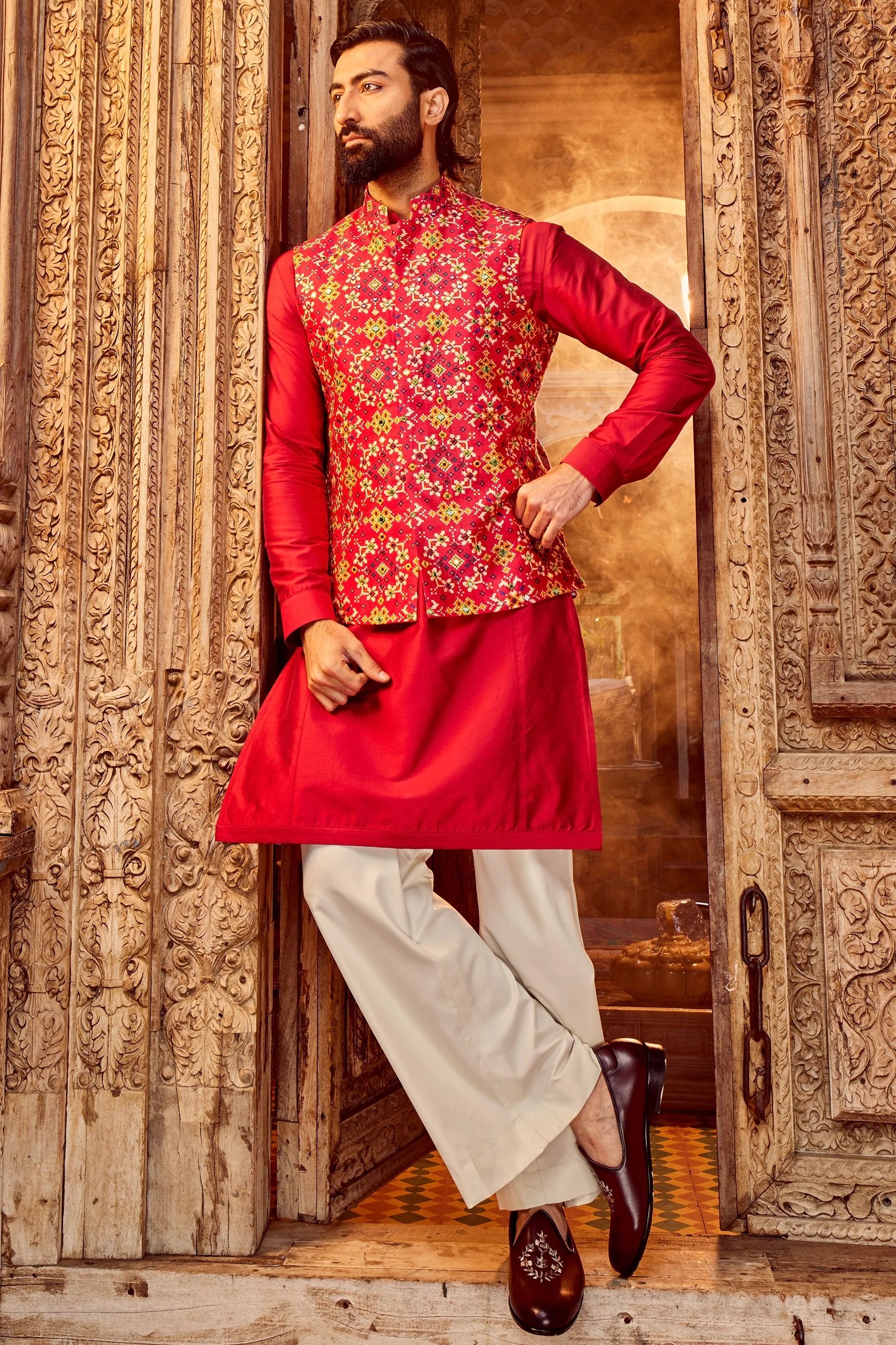 Rani Raw Silk Mirror Embellished Bundi Set