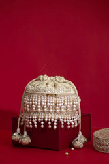 Anahi Embroidered Brocade Mini Potli - Ivory