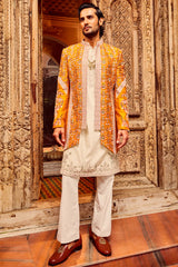 Orange Open Raw Silk Embroidered Indo-Western
