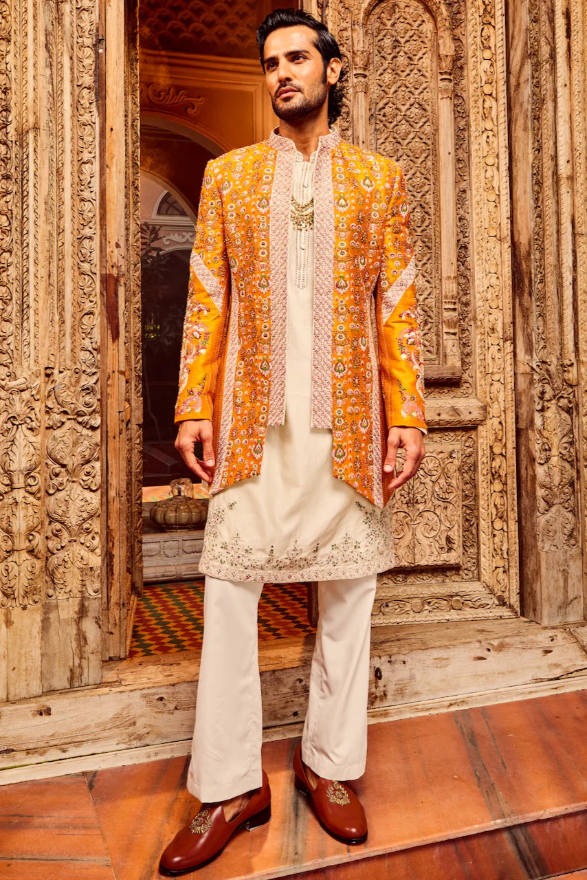 Orange Open Raw Silk Embroidered Indo-Western