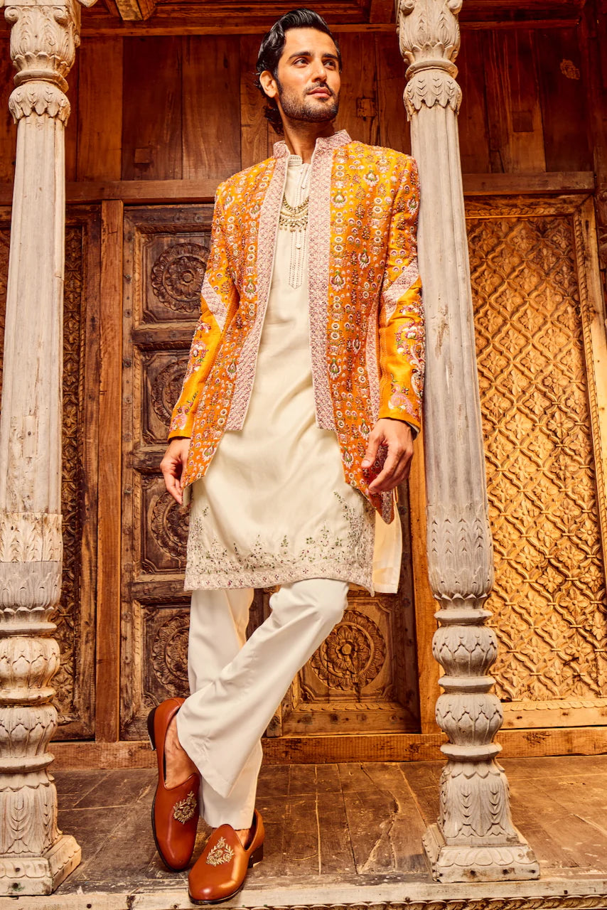 Orange Open Raw Silk Embroidered Indo-Western