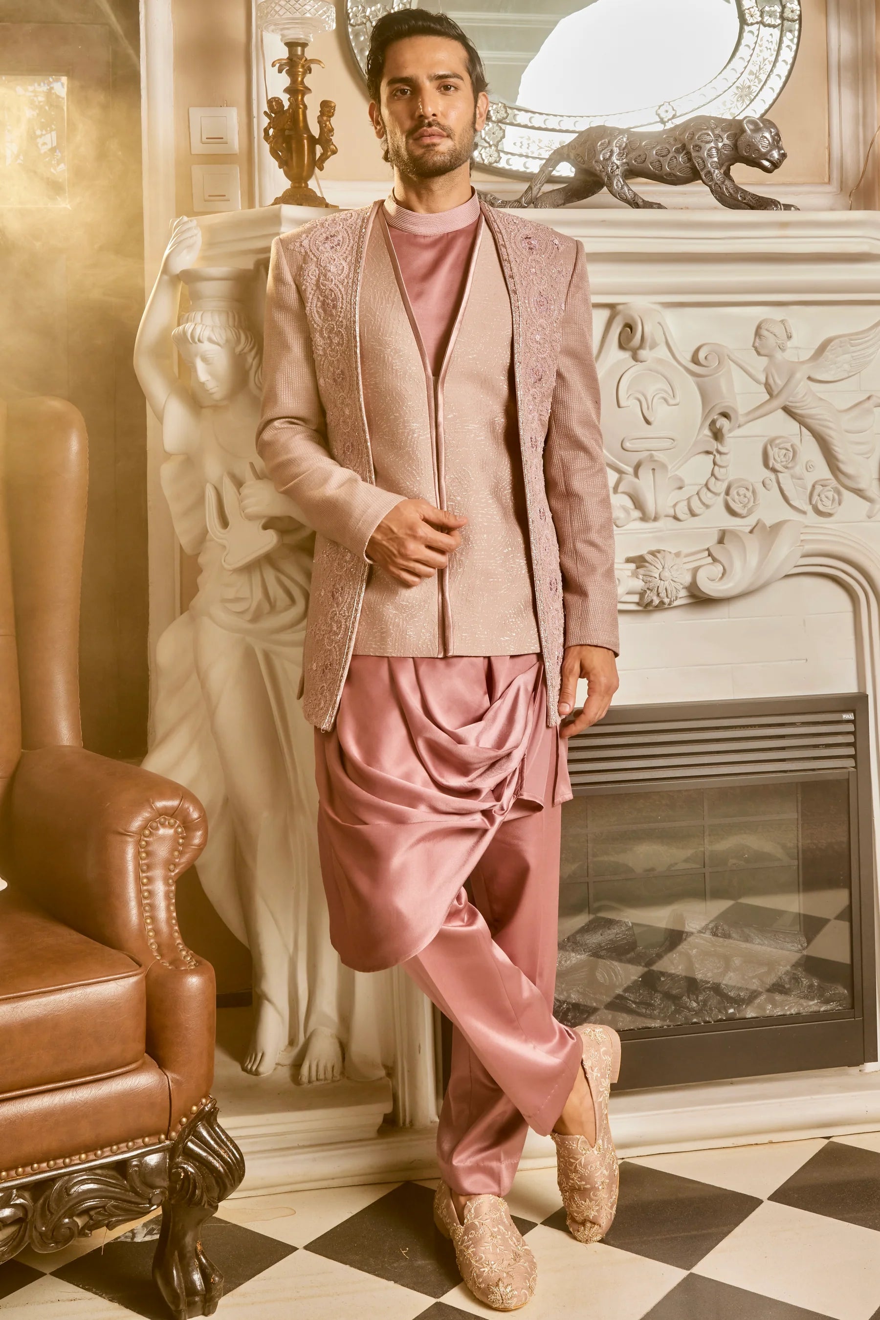 Lilac Silk Brocade Embroidered Bandhgala Set