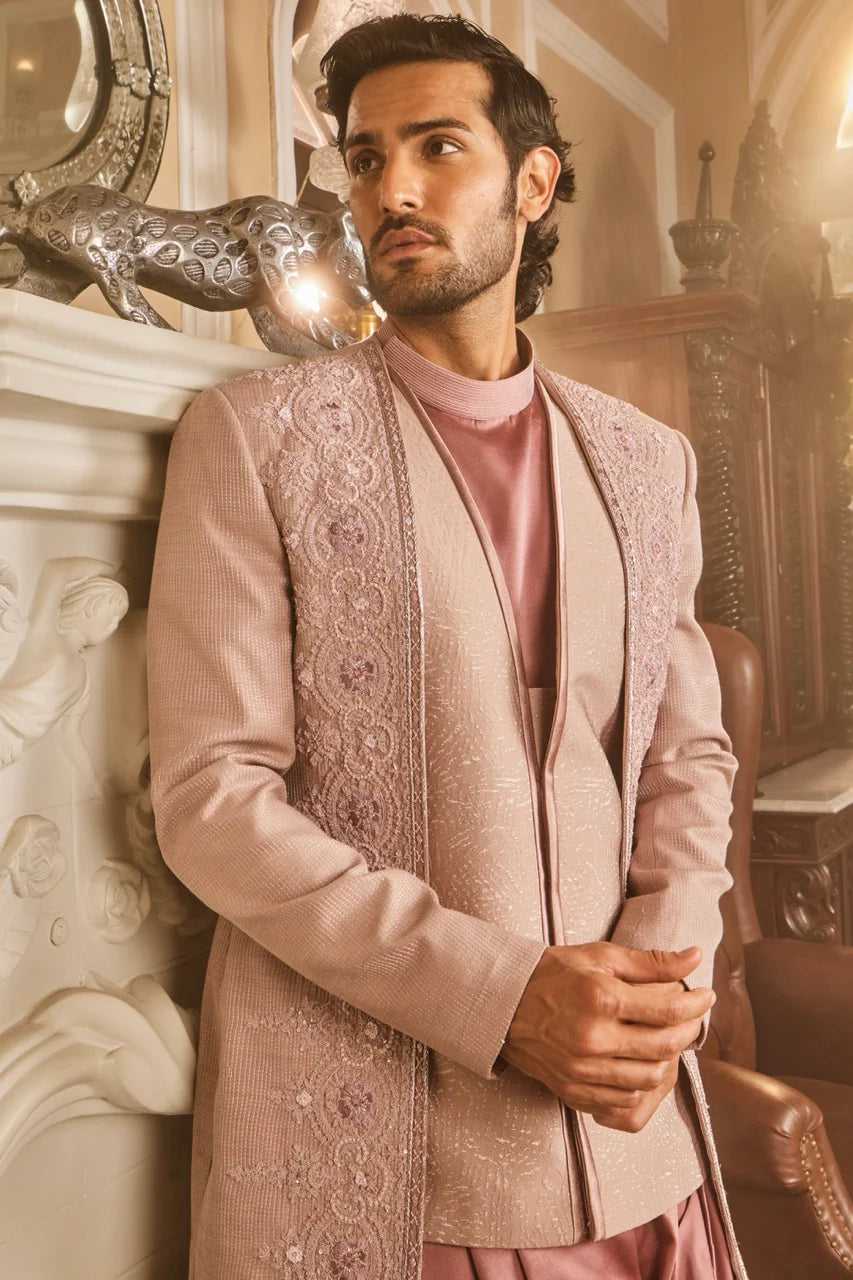 Lilac Silk Brocade Embroidered Bandhgala Set
