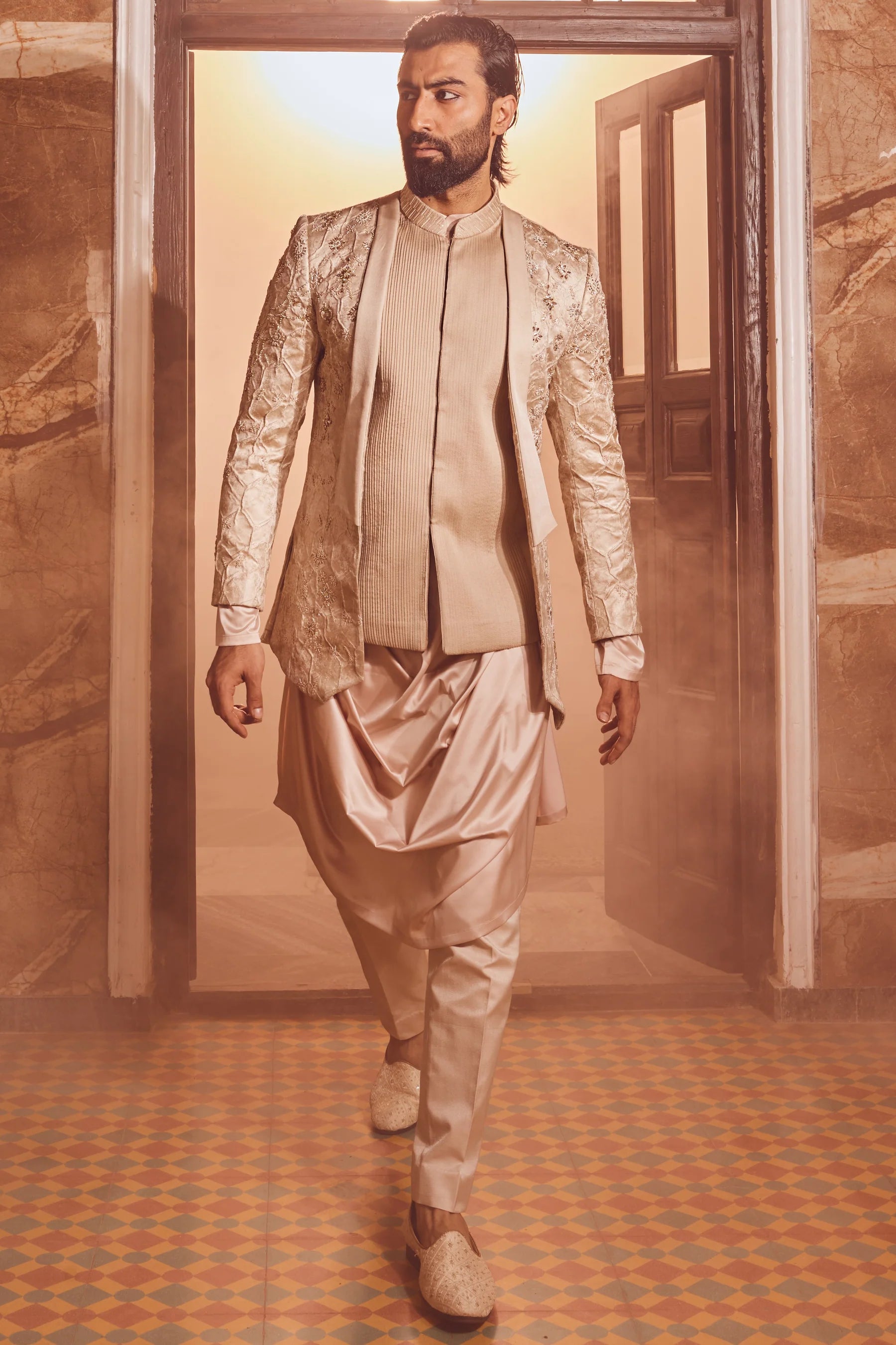 Champagne Embossed Silk Brocade Open Indo-Western