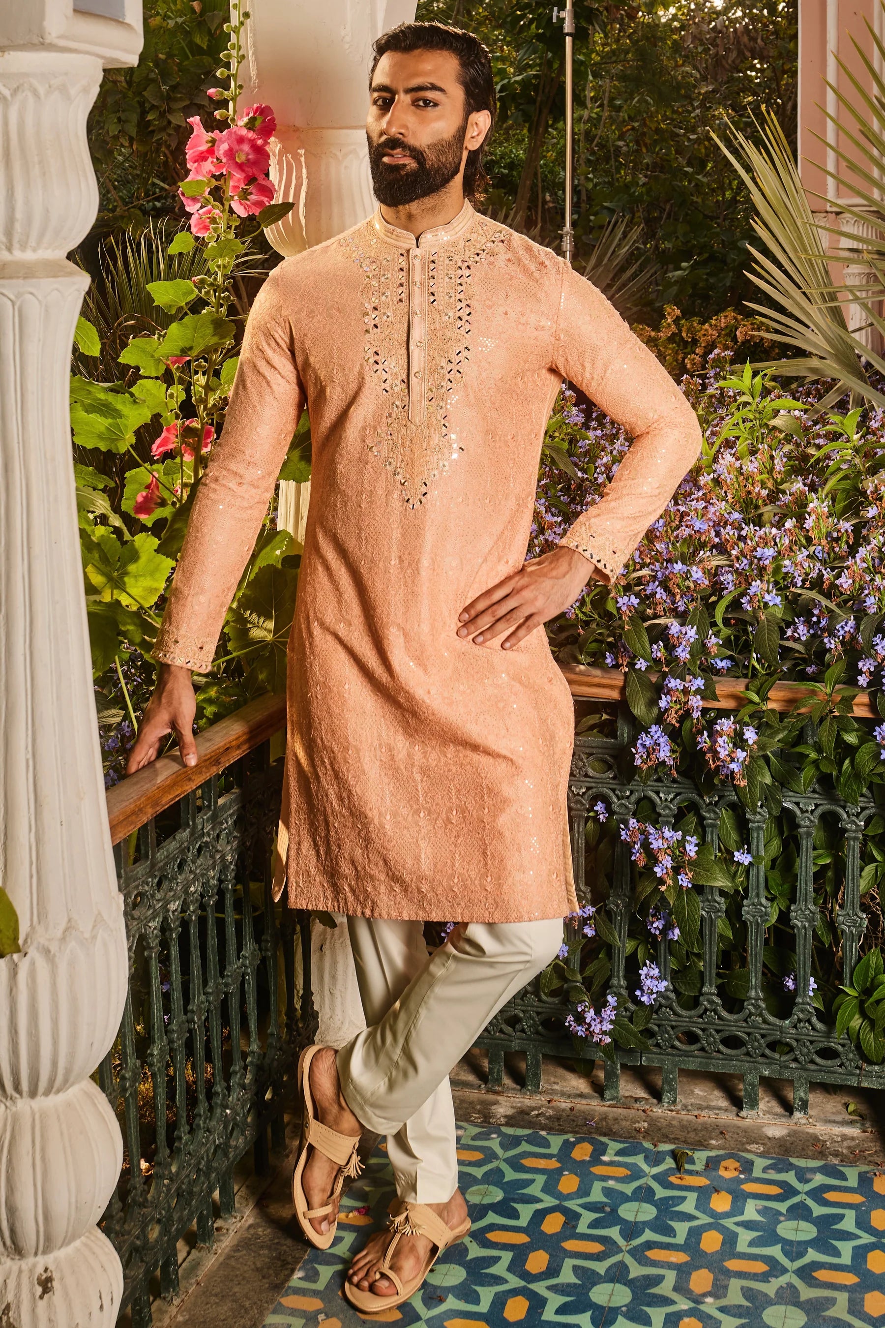 Peach Chanderi Dori and Mirror Embroidered Kurta Set
