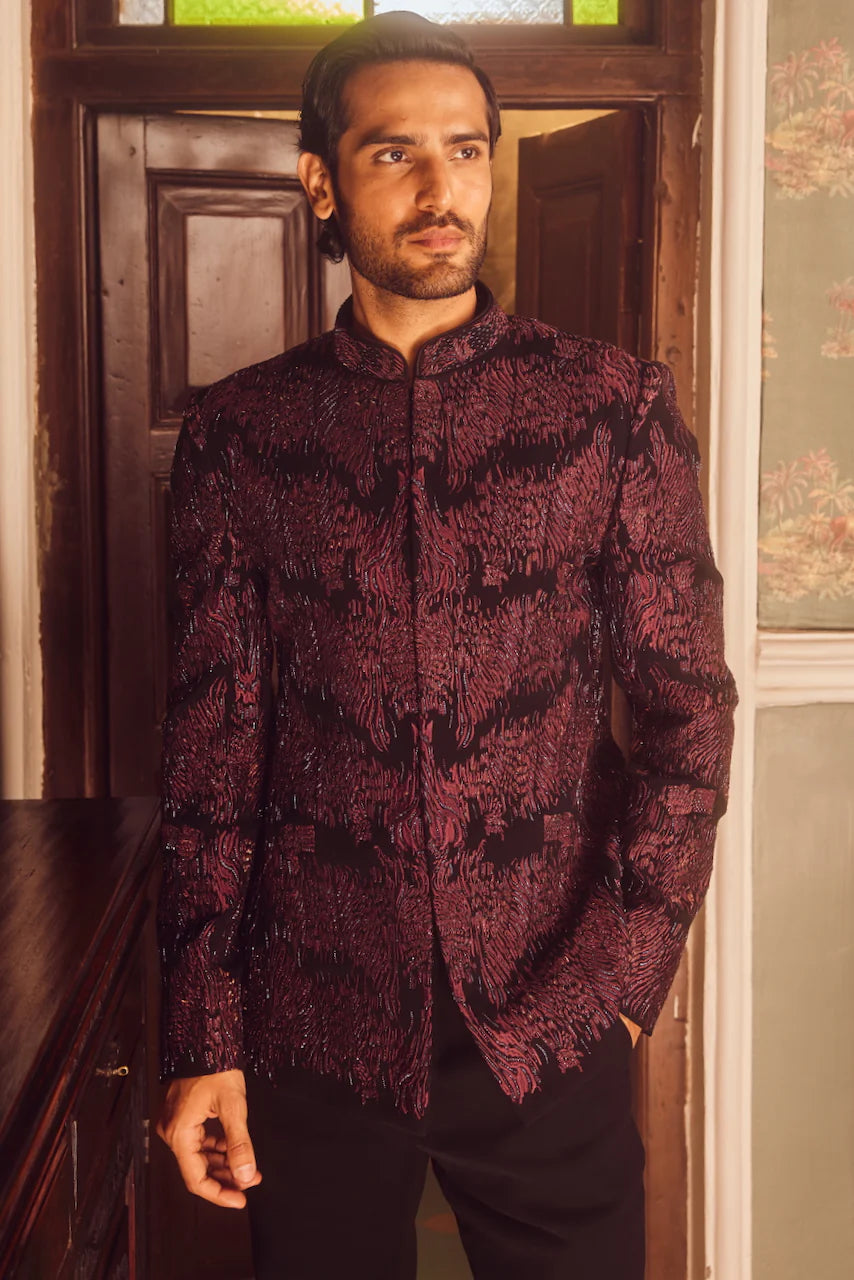 Wine Tigene Pitta Embroidered Bandhgala