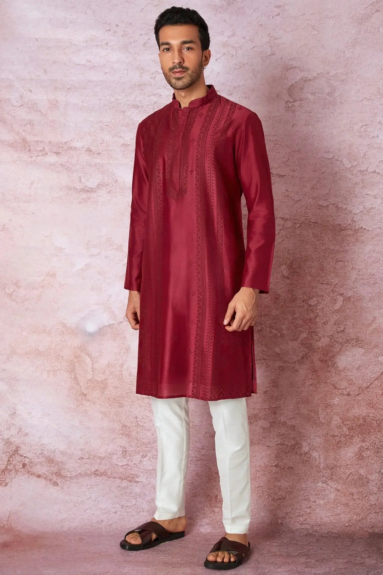 Timeless Maroon: Chanderi Silk Kurta with Resham Embroidery, Tone on Tone Panel